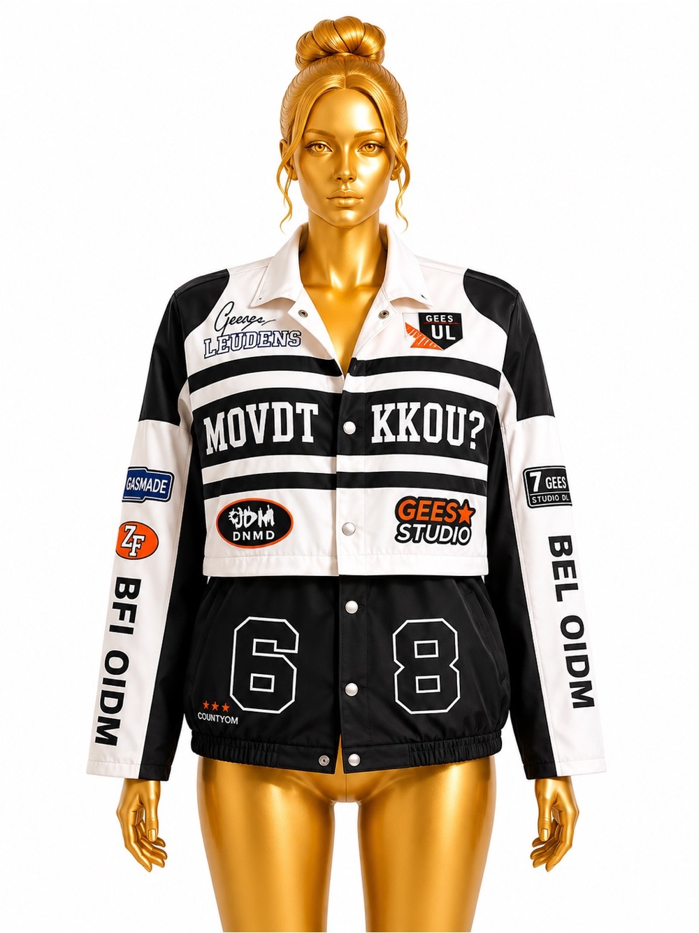 Graphic Patch Bomber Jacket in Black & White removal bottom for cropped jacket